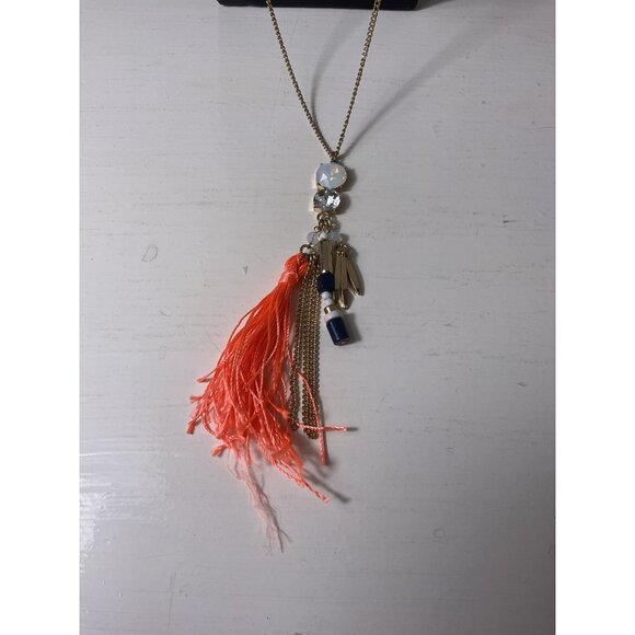 Boho Long Gold Chain Necklace With Orange Tassel & Crystal Accents - Picture 3 of 5